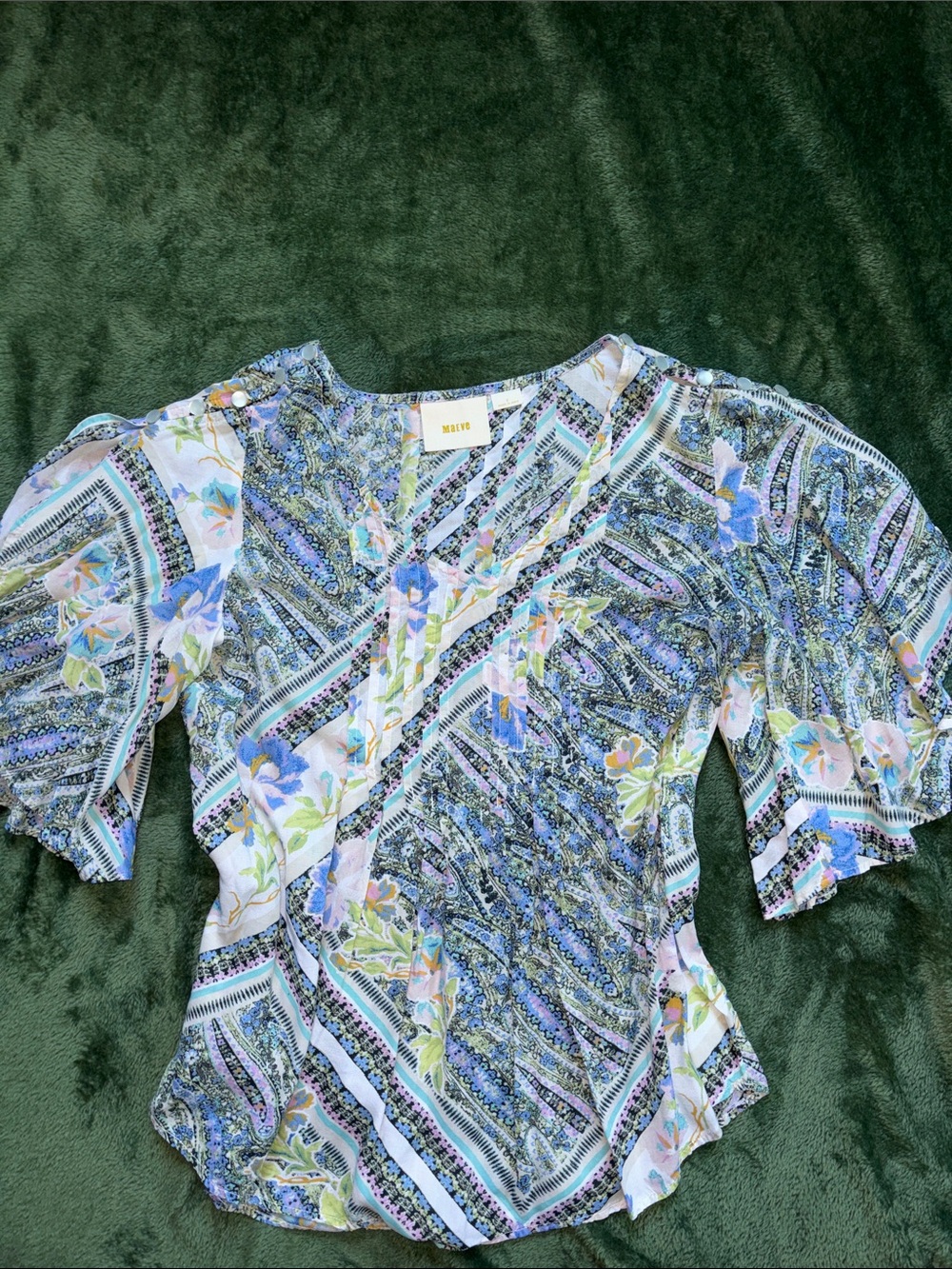 Maeve Blue and Green Floral Paisley V-Neck Blouse